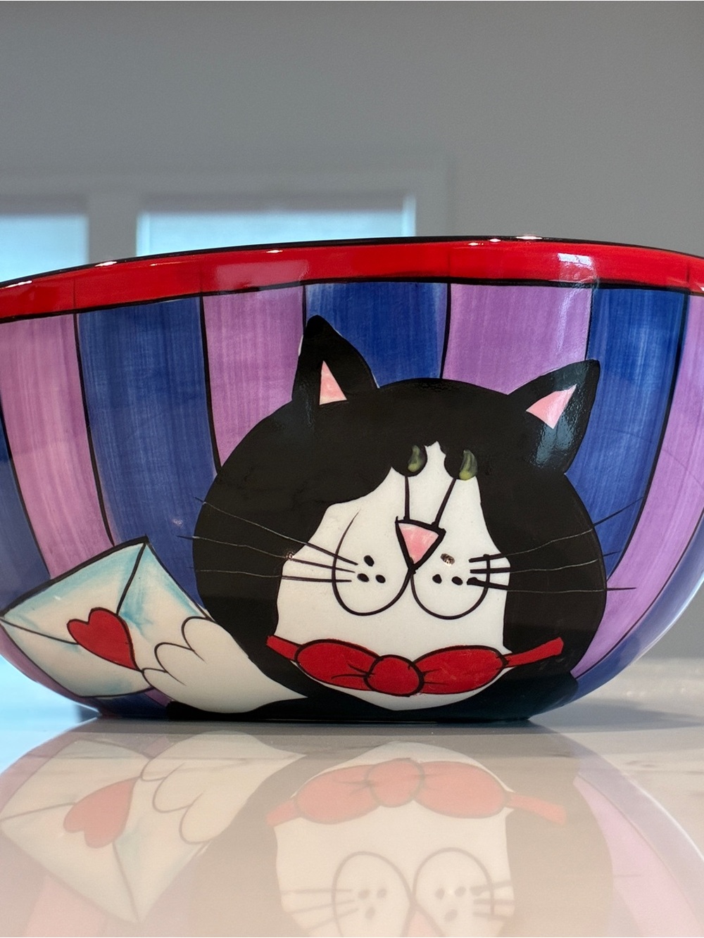 Whimsical Hand-Painted "Catzilla" By Candace Reiter Striped Cat Ceramic Bowl